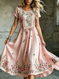 Women's Vintage Bohemian Rose Pattern Round Neck Dress