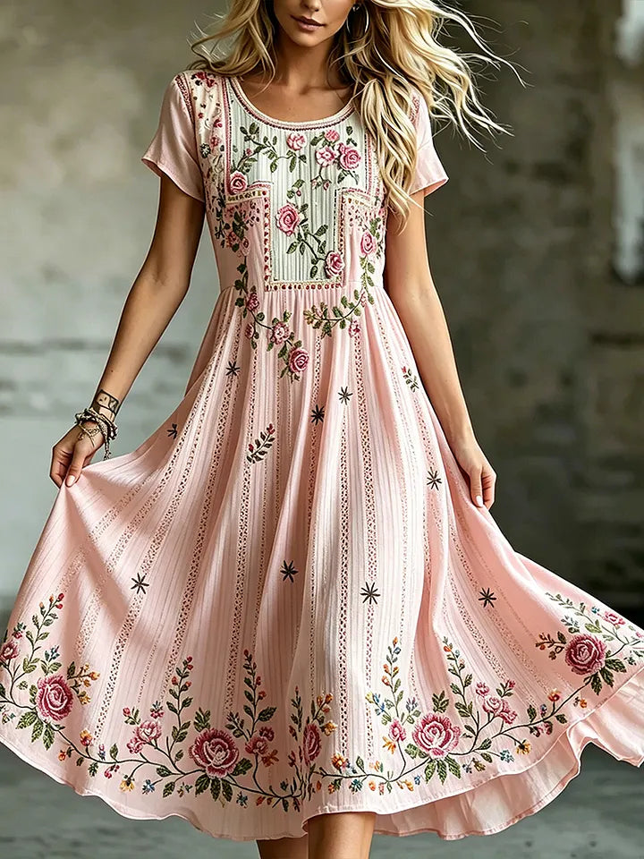 Women's Vintage Bohemian Rose Pattern Round Neck Dress