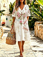 Women'S Cotton And Linen Casual Vacation Lace  Faith Printed Dress