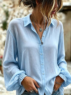 Women'S Casual Cotton And Linen Bubble Sleeve Shirt