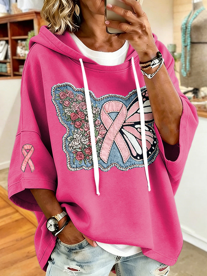 Women'S Vintage Breast Cancer Ribbon Print Hoodie