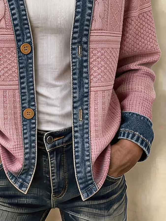 Women's Casual Printed Waffle-Knit Panel Cardigan