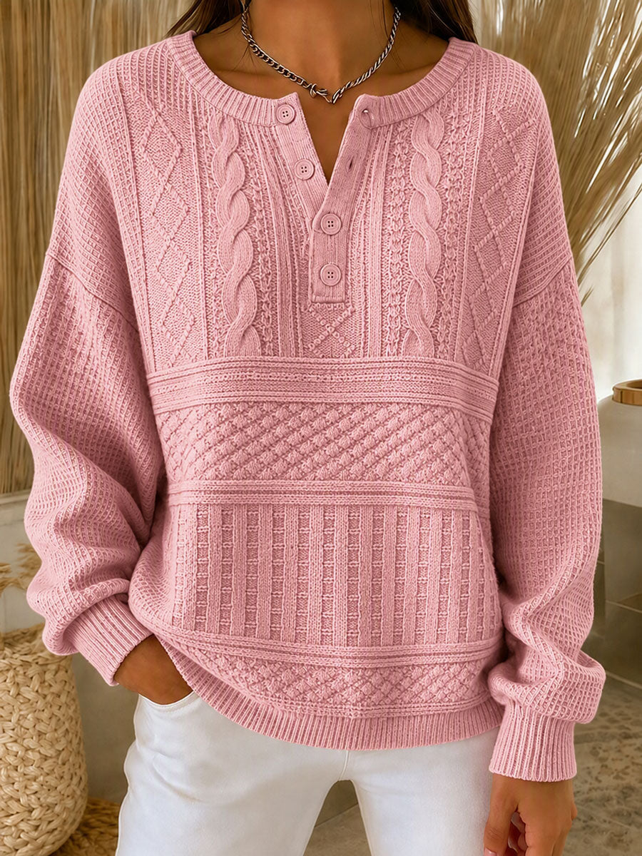 Women'S Casual Printed Henry Button Striped Knitted Top