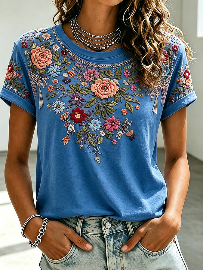 Women'S Casual Pink Floral Short Sleeved T-Shirt