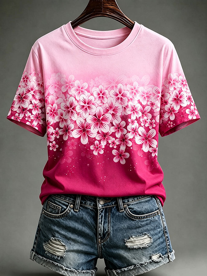 Women'S Casual Pink Floral Short Sleeved T-Shirt