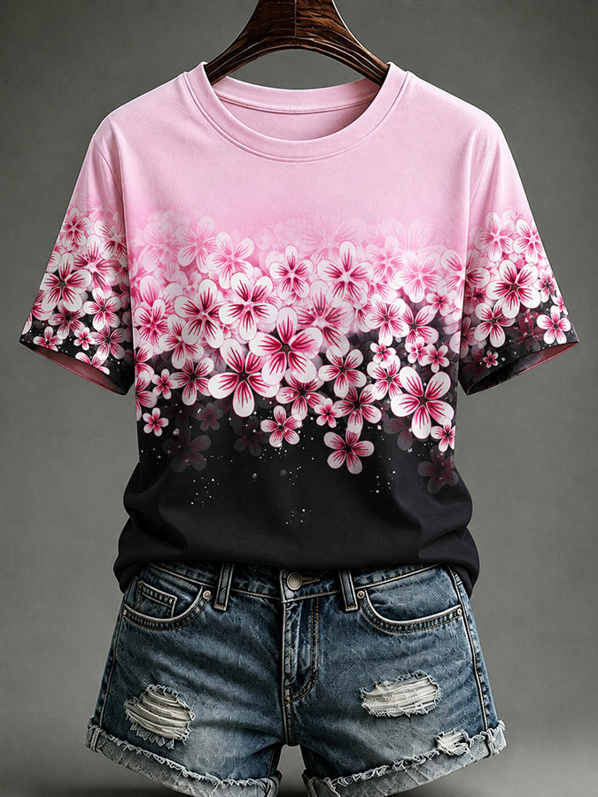 Women'S Casual Pink Floral Short Sleeved T-Shirt