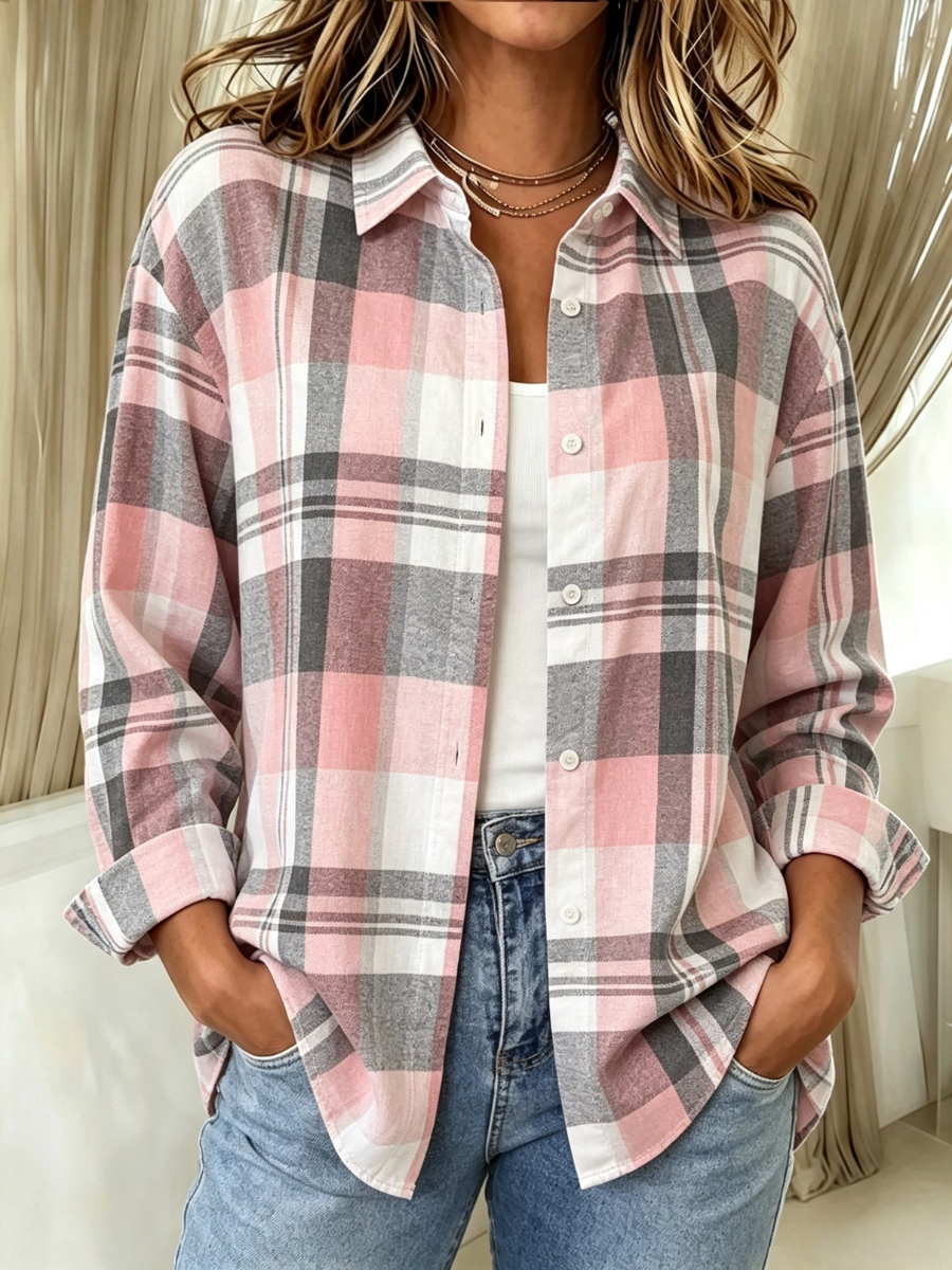 Women's Pink Plaid Print Lapel Long Sleeve Shirt