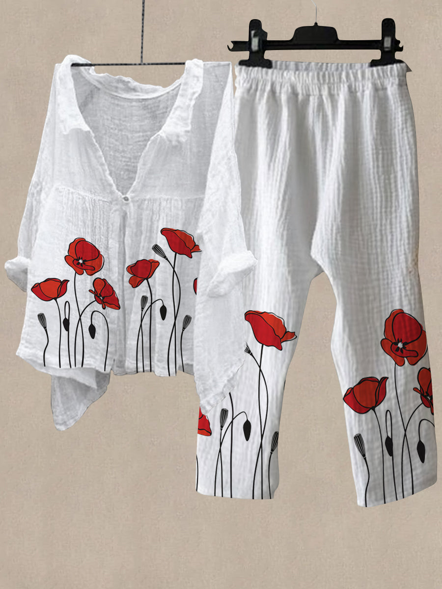 Linen Women's Lotus Print Casual Two Pieces Set