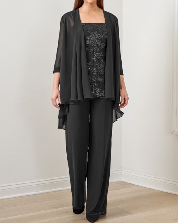 Embroidered Top Chiffon Long Pants Three Piece Suits