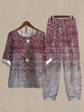 Linen Casual Women's Retro Floral Print Two Pieces Set