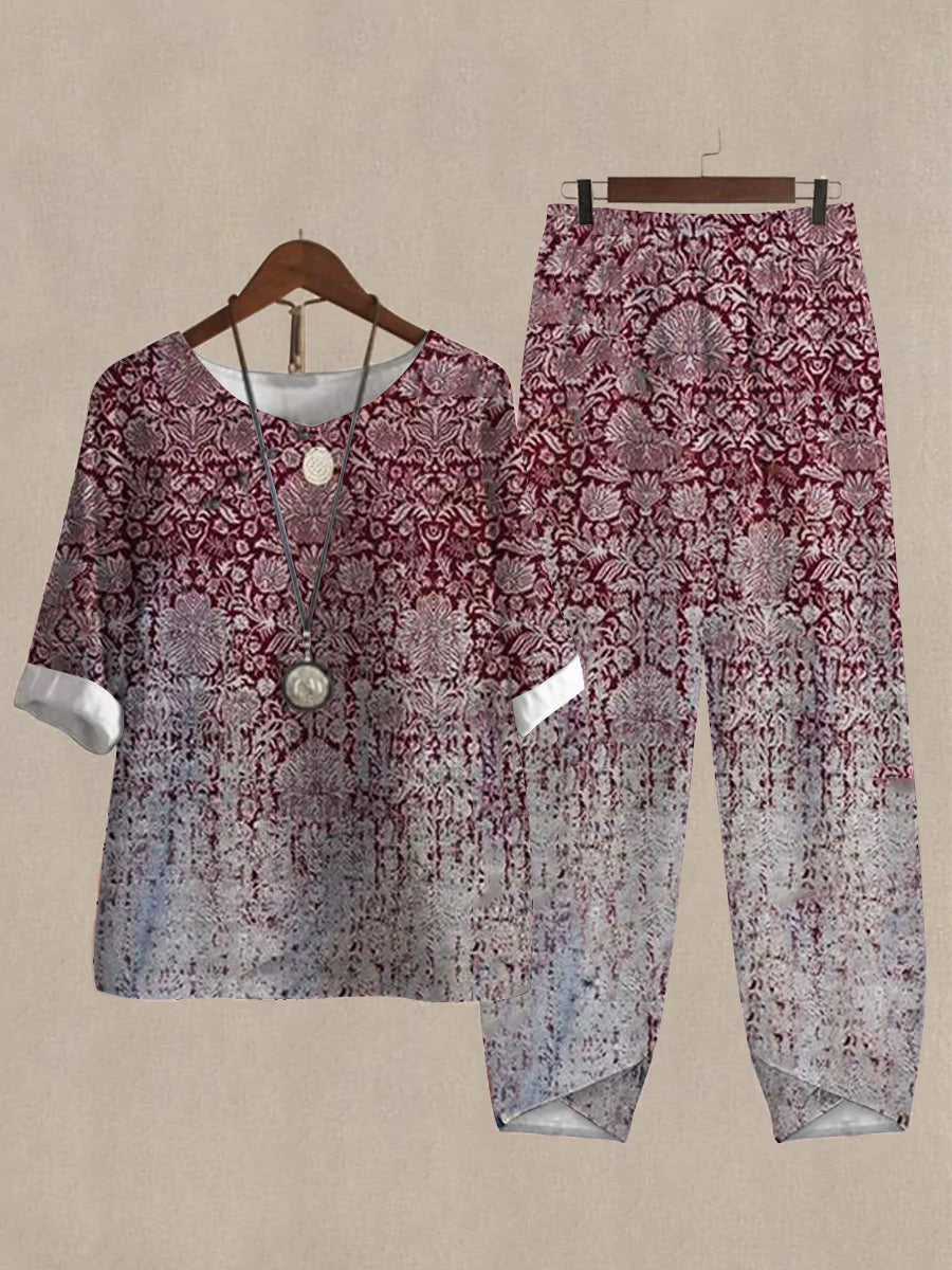 Linen Casual Women's Retro Floral Print Two Pieces Set