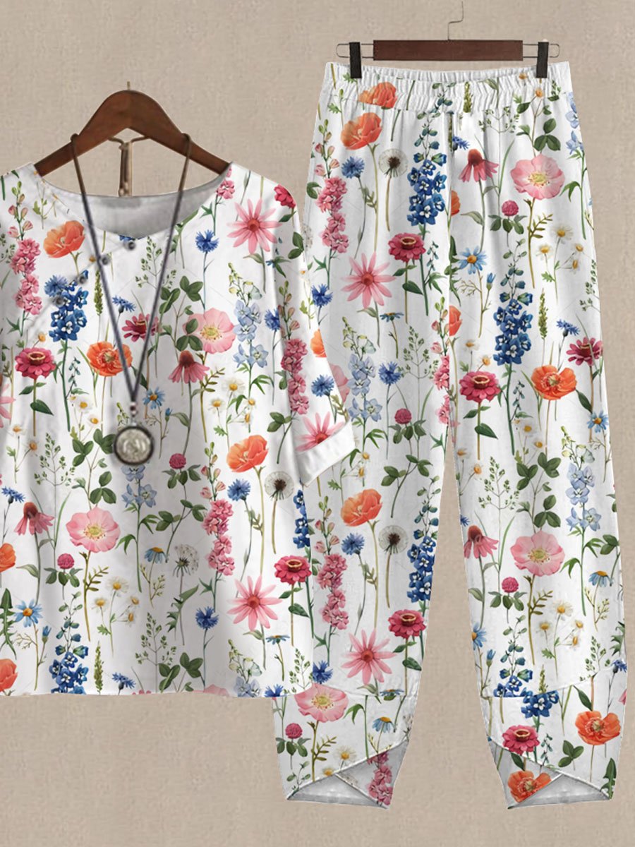 Assorted Floral Print Top And Pants Two-piece Suits