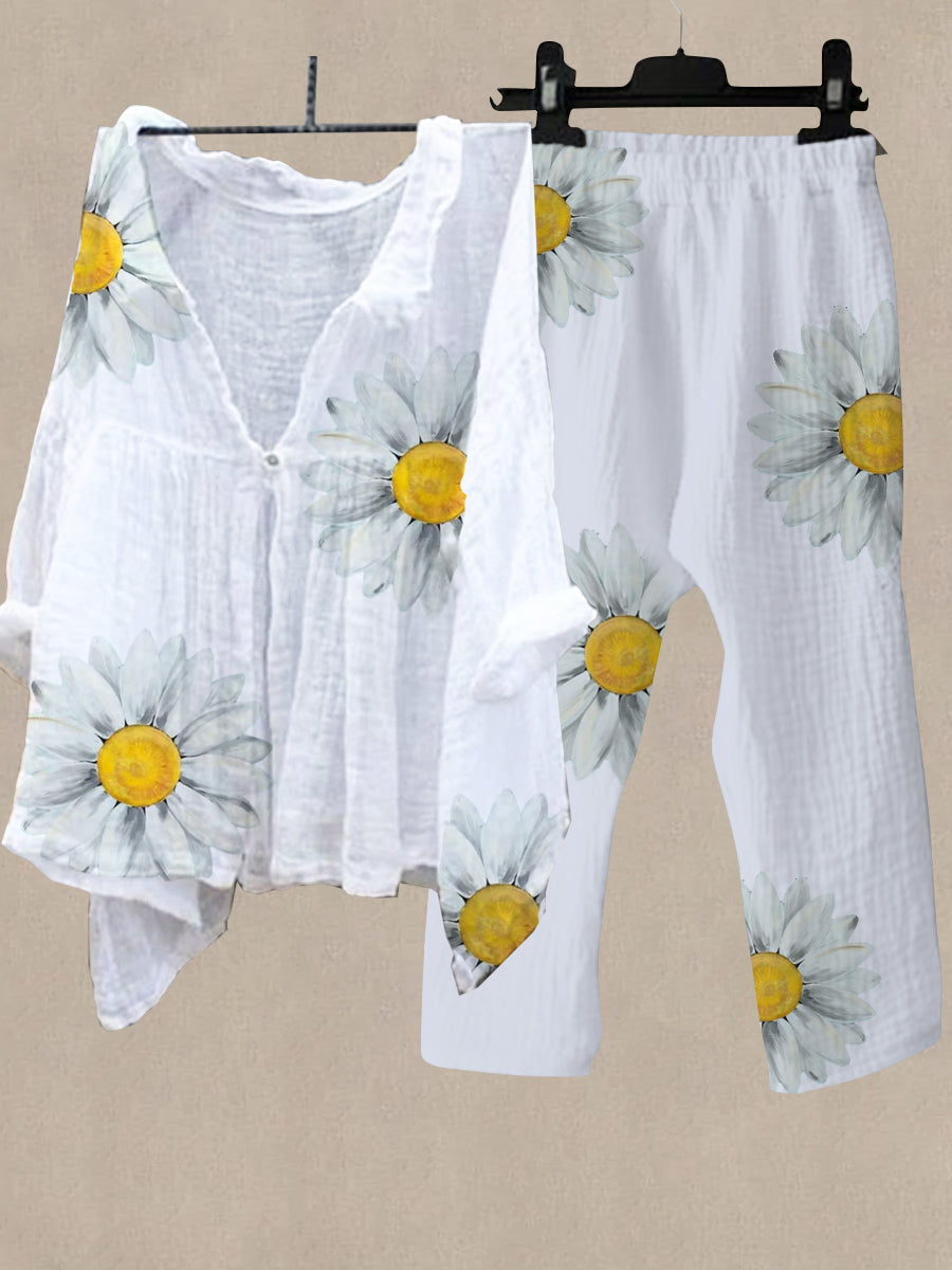 Women's Sunflower Print Shirt Collar Top And Casual Pants Linen Two Pieces