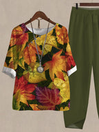 Maple Leaf Print Casual Two Piece Suits