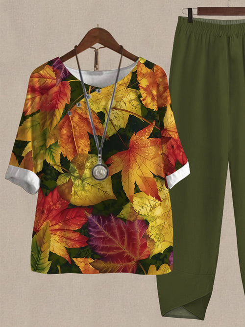 Maple Leaf Print Casual Two Piece Suits