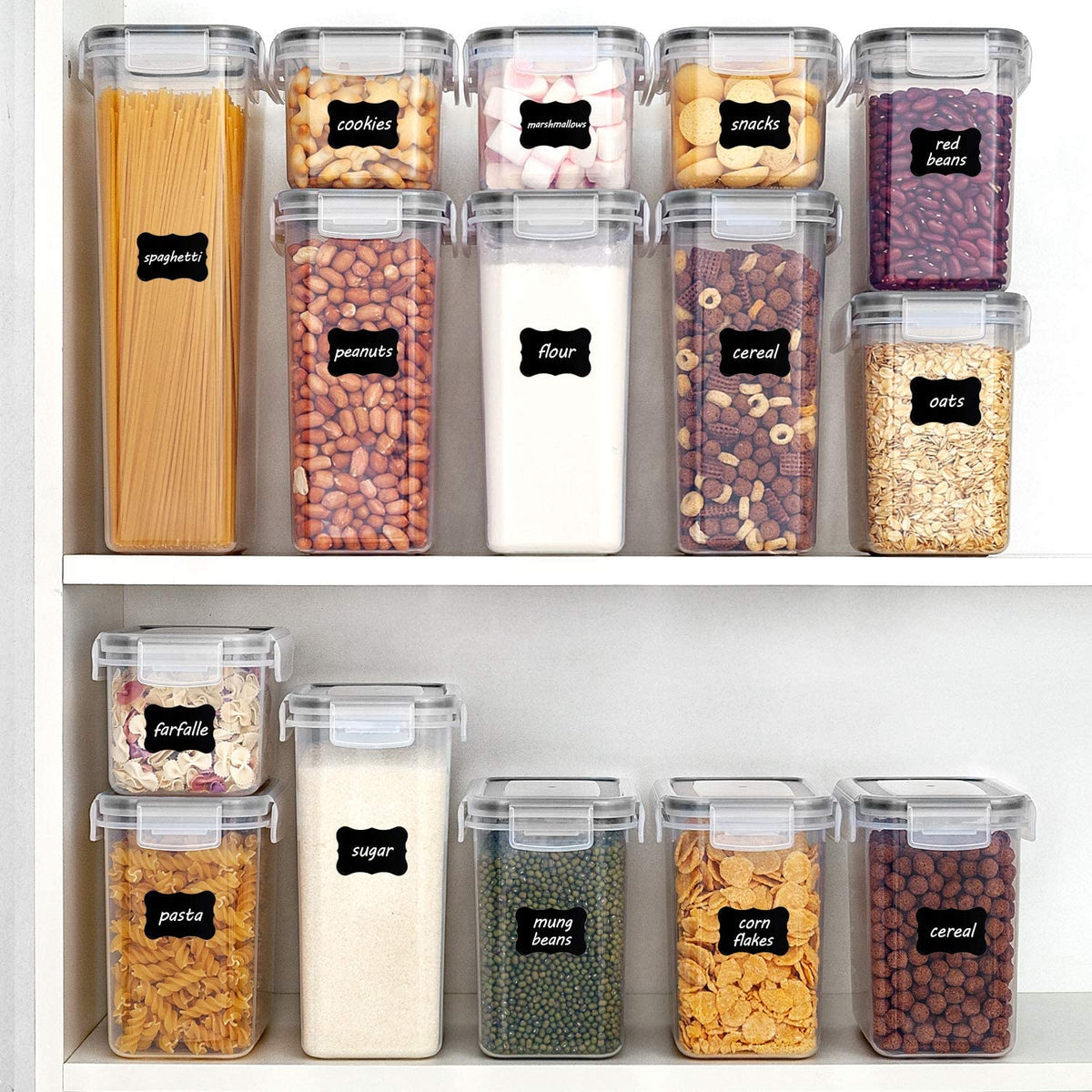 24 pcs Plastic Kitchen and Pantry Organization Canisters for Cereal, Dry Food, Flour and Sugar
