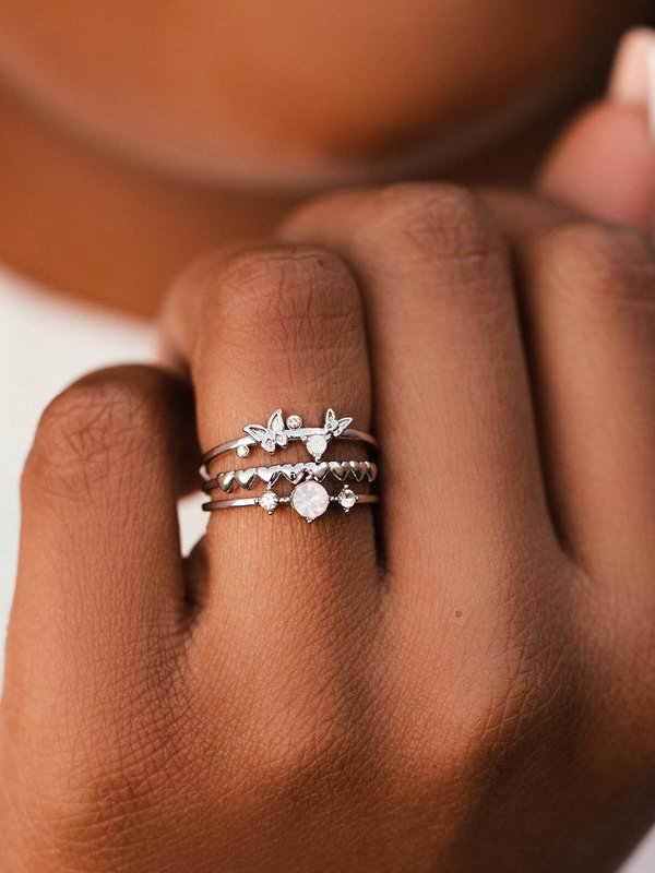 3Pcs Vintage Butterfly Pattern Diamond Ring Set Everyday Commuter Party Match