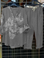 Button-Up V Neck Printed Top With Pants Two-piece Set