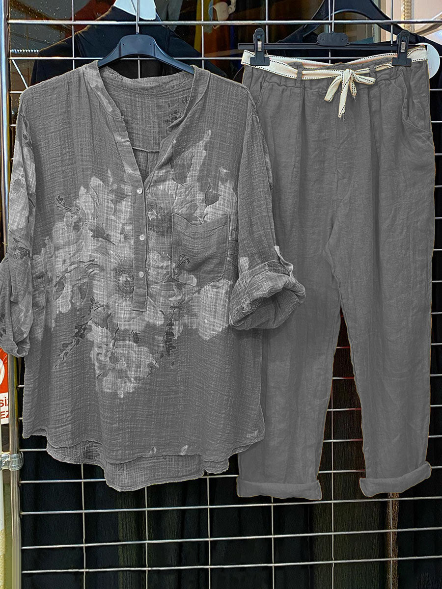 Button-Up V Neck Printed Top With Pants Two-piece Set