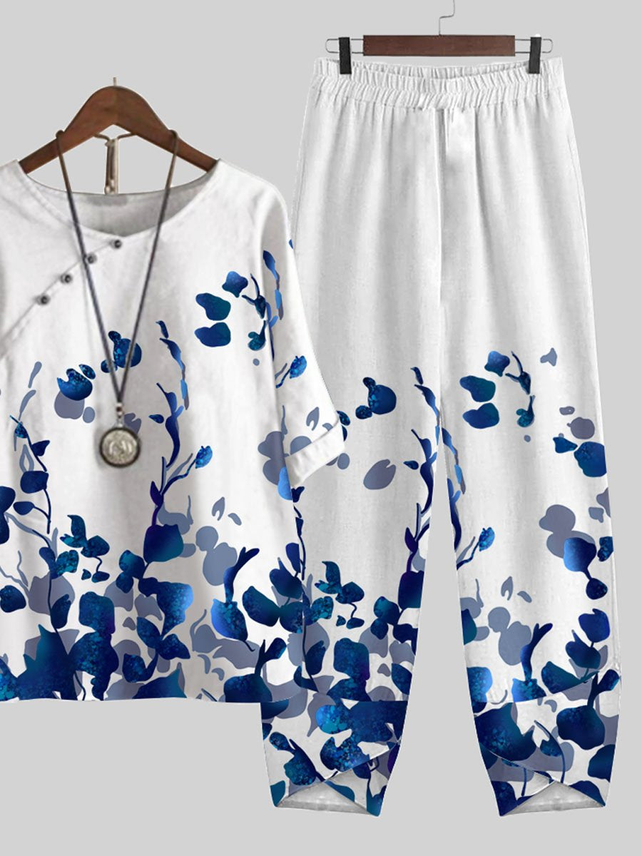 Blue Leaf Print Top And Pants Two-piece Suits