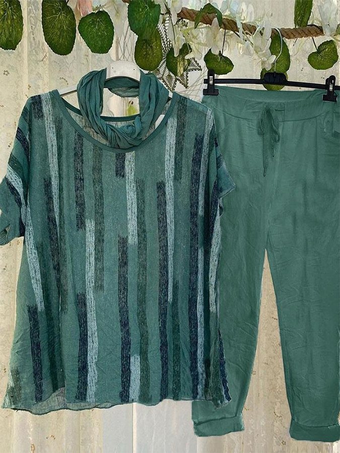 Women's Casual Striped Print Short Sleeve Two Piece Set