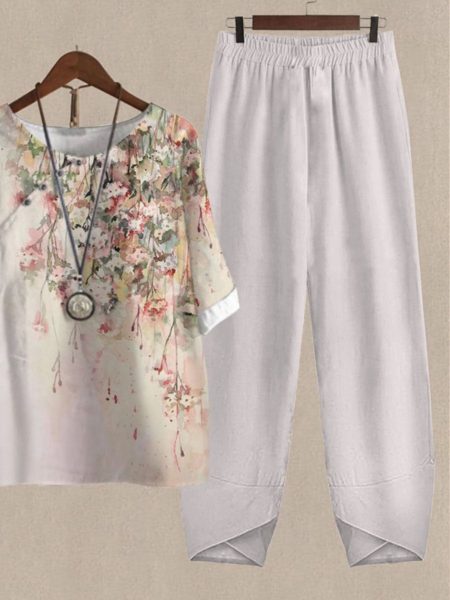 Watercolor Botanical Floral Print Casual Two Piece Set