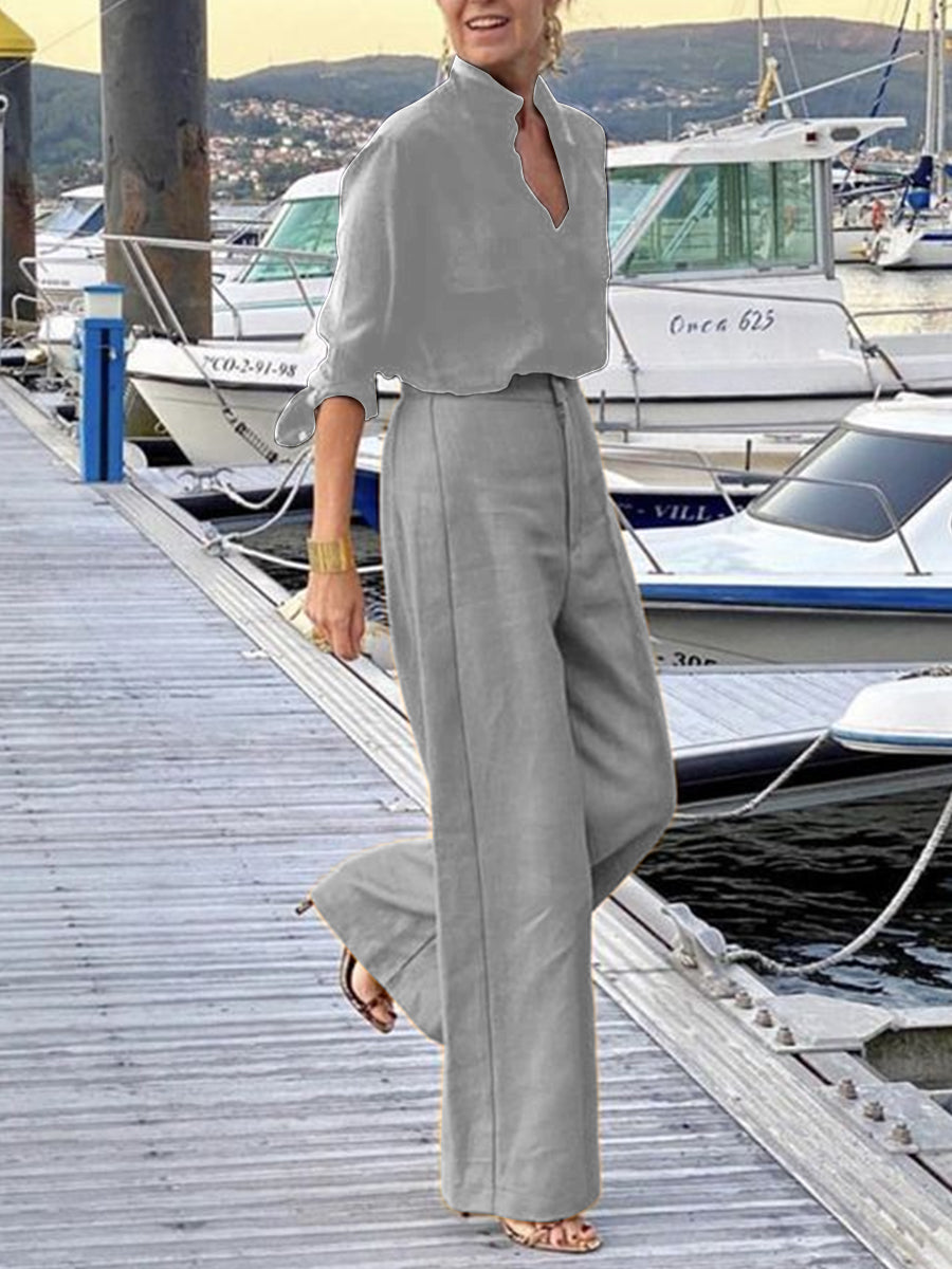 Elegant Solid Color V Neck Half Sleeve Top With Pants Set