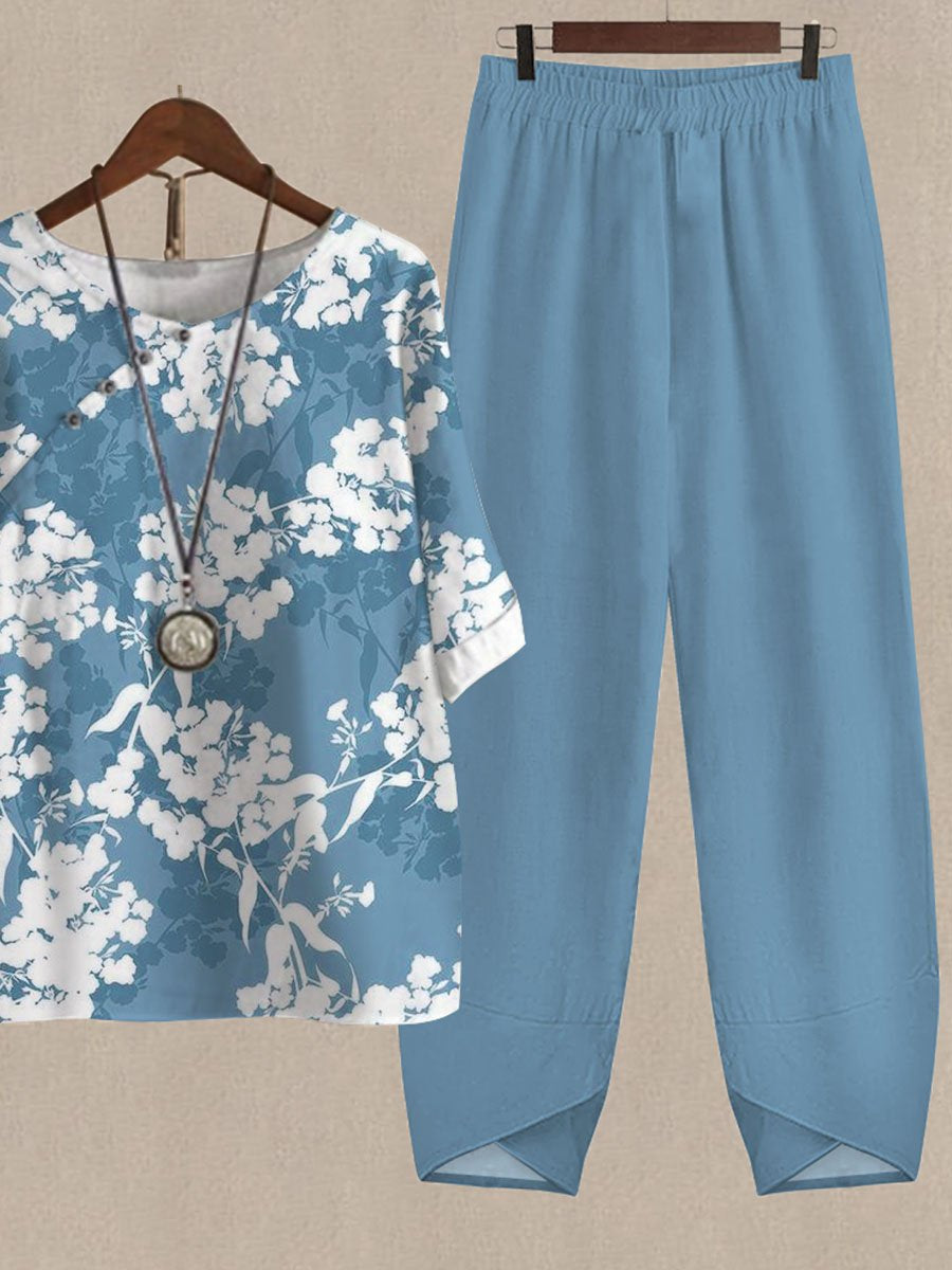 Botanical Floral Print Casual Two-piece Suits