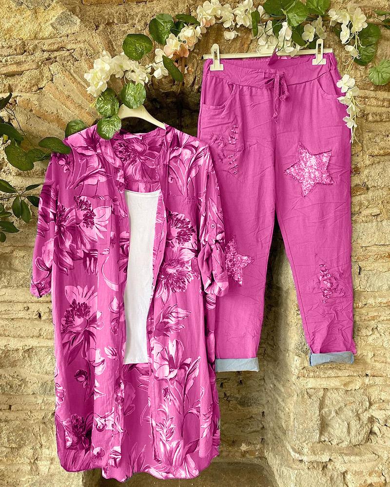 Floral Print Open Front Casual Two-piece Suits