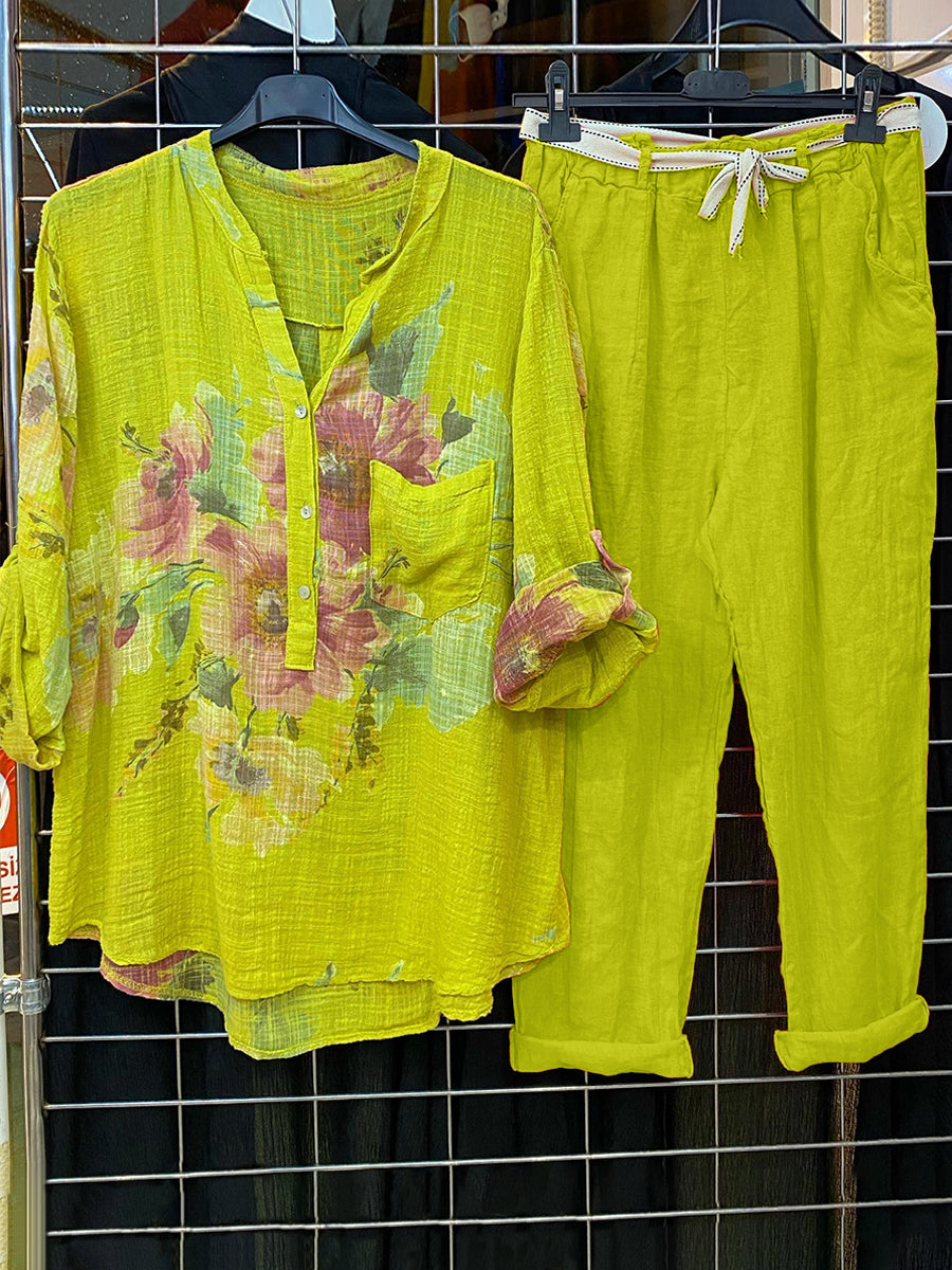 Button-Up V Neck Printed Top With Pants Two-piece Set