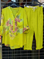Button-Up V Neck Printed Top With Pants Two-piece Set