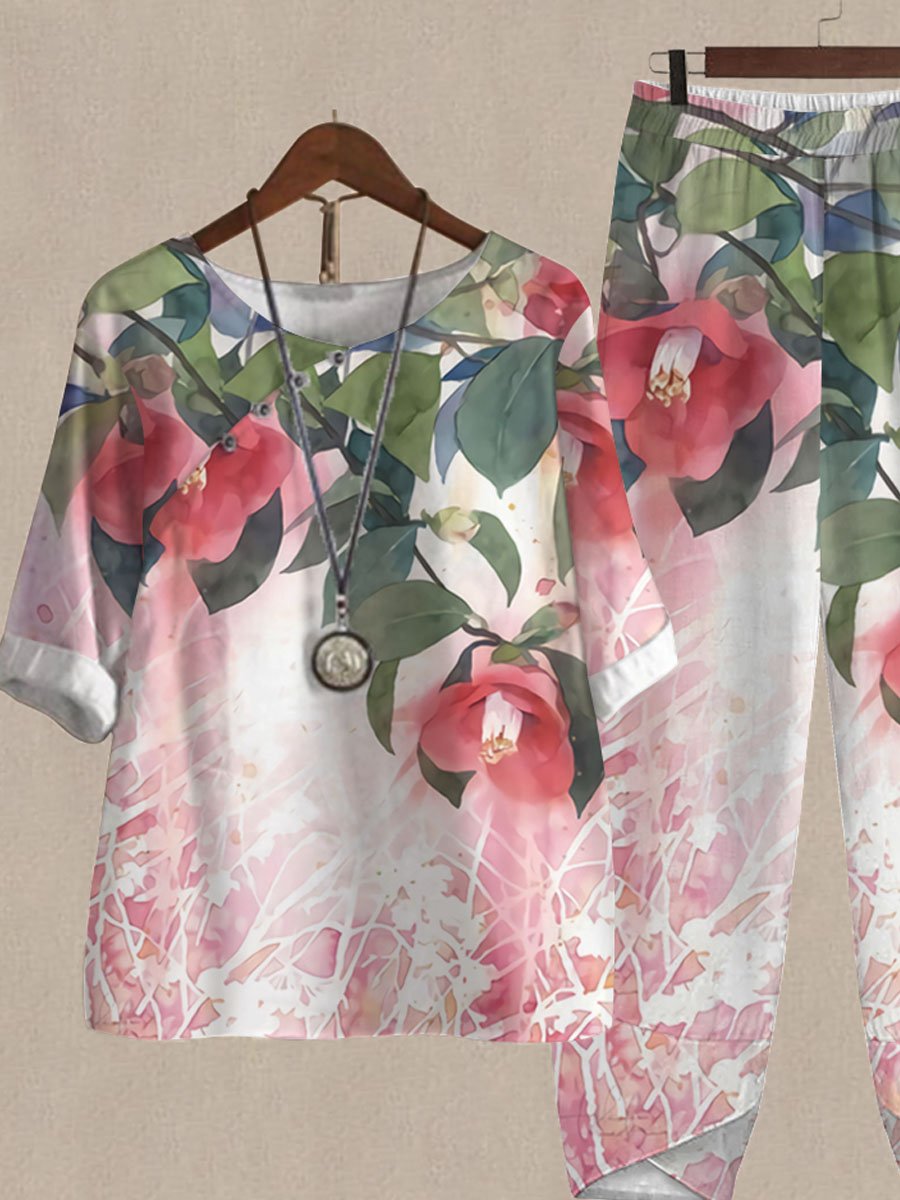 Crew Neck Watercolor Floral Print Top And Pants Two-piece Suits