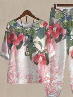 Crew Neck Watercolor Floral Print Top And Pants Two-piece Suits