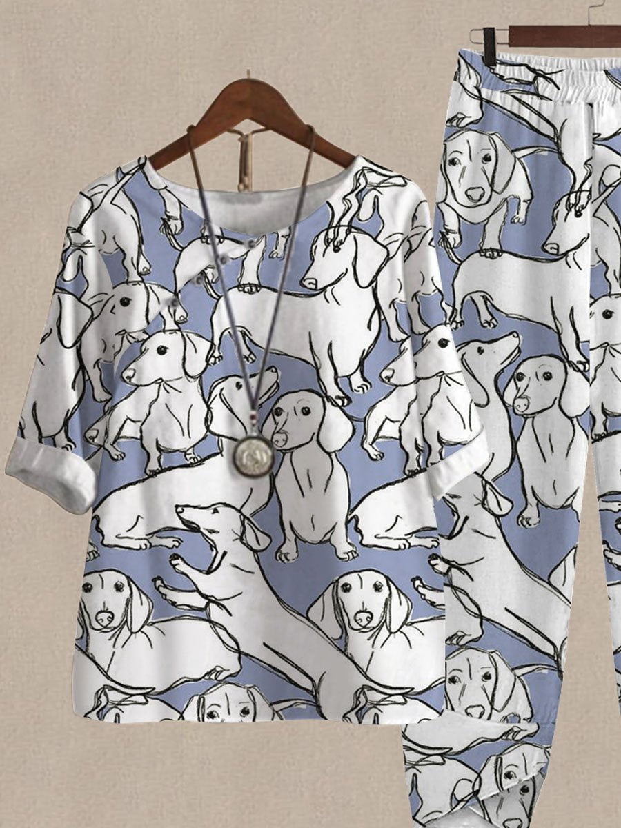 Cute Dachshund Print Top And Pants Two-piece Suits