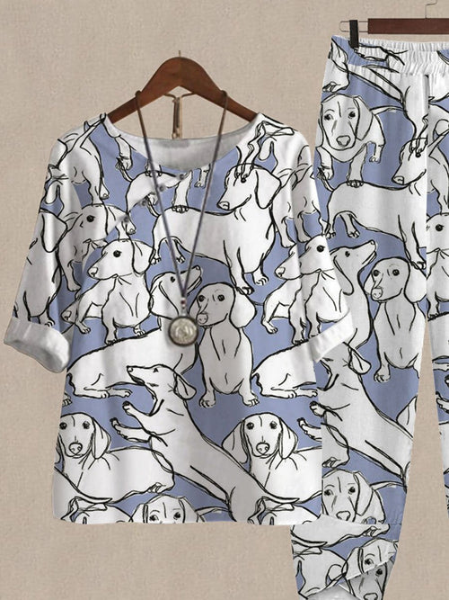Cute Dachshund Print Top And Pants Two-piece Suits