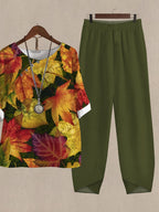 Maple Leaf Print Casual Two Piece Suits