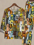 Spring And Autumn Multicolor Cartoon Puppy Print Two-piece Suits
