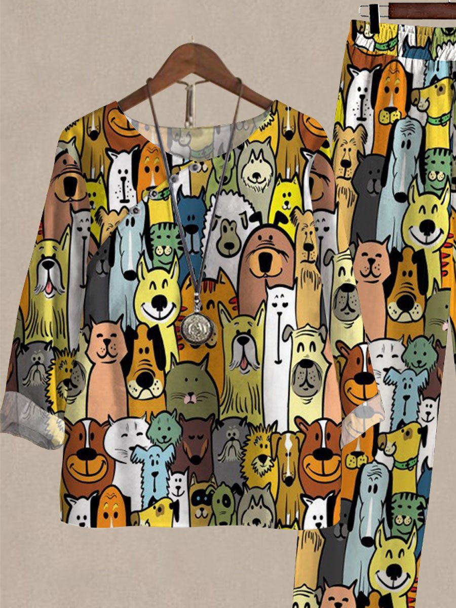 Spring And Autumn Multicolor Cartoon Puppy Print Two-piece Suits