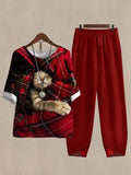 Linen Casual Women's Cute Cat Print Two Pieces Set