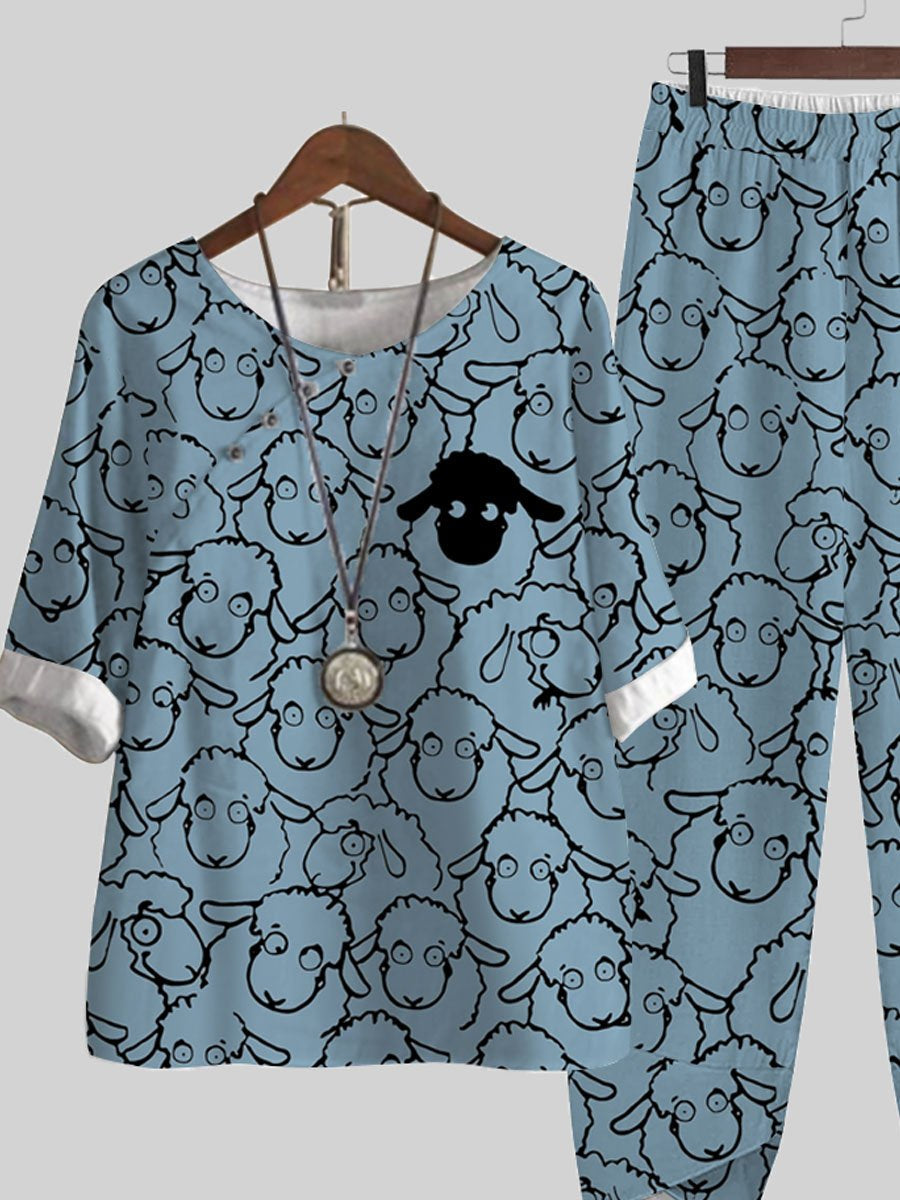 Lot Of Sheep Print Short-sleeved Top And Two-pocket Slacks Two-piece Suits