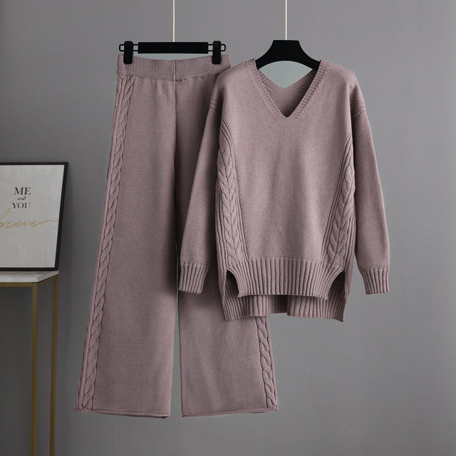 Knitted Women Casual Wide Leg Pants Two Piece Set Loose Button Design Pullover And Drawstring Trouser Ladies Suit Winter Fashion