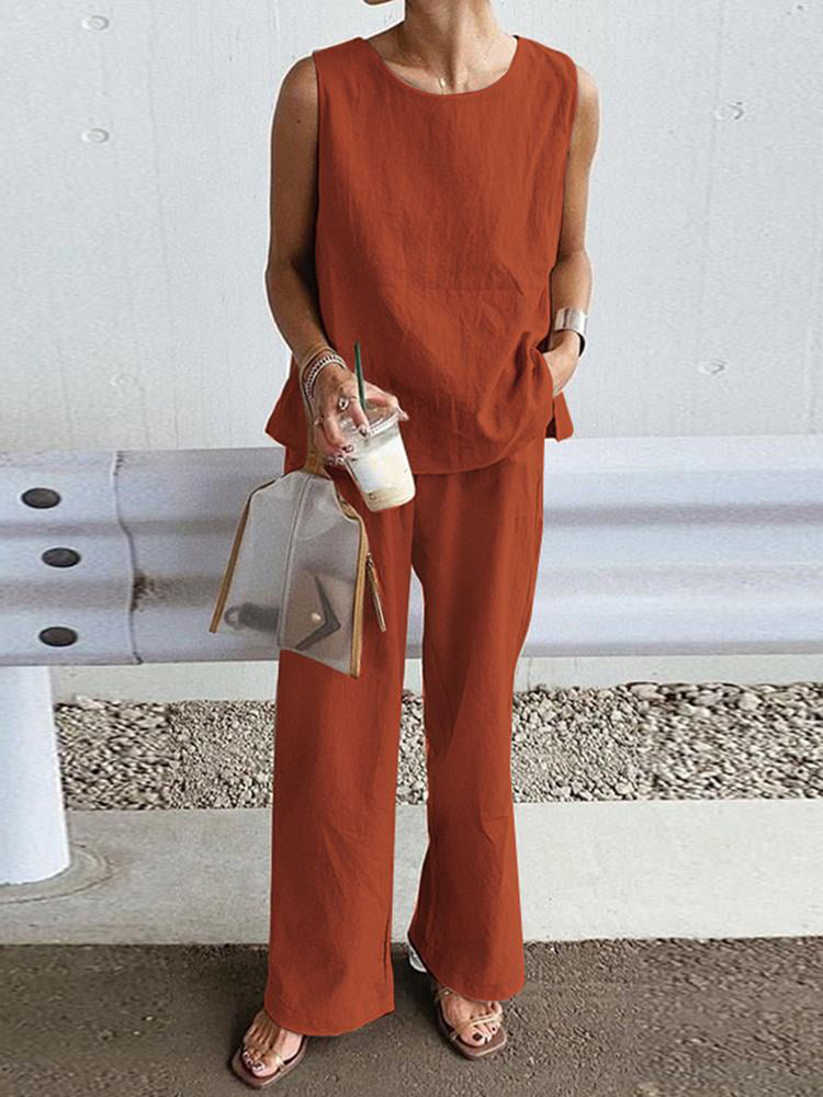 Sleeveless Top And Trousers Solid Color Set