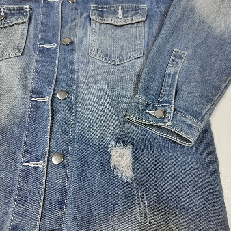 Ripped Holes Frayed Hem Denim Jacket