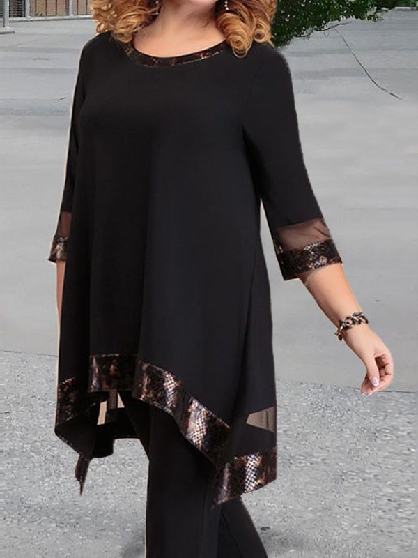 Round Neck Mesh Stitching Top And Trousers Suit