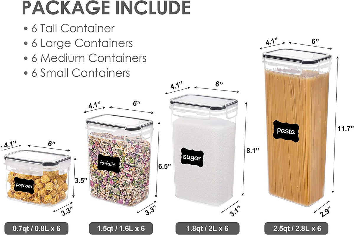 24 pcs Plastic Kitchen and Pantry Organization Canisters for Cereal, Dry Food, Flour and Sugar