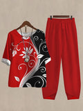 Women's Floral Print Color Block Half Sleeve Top And Casual Pants Linen Two Pieces