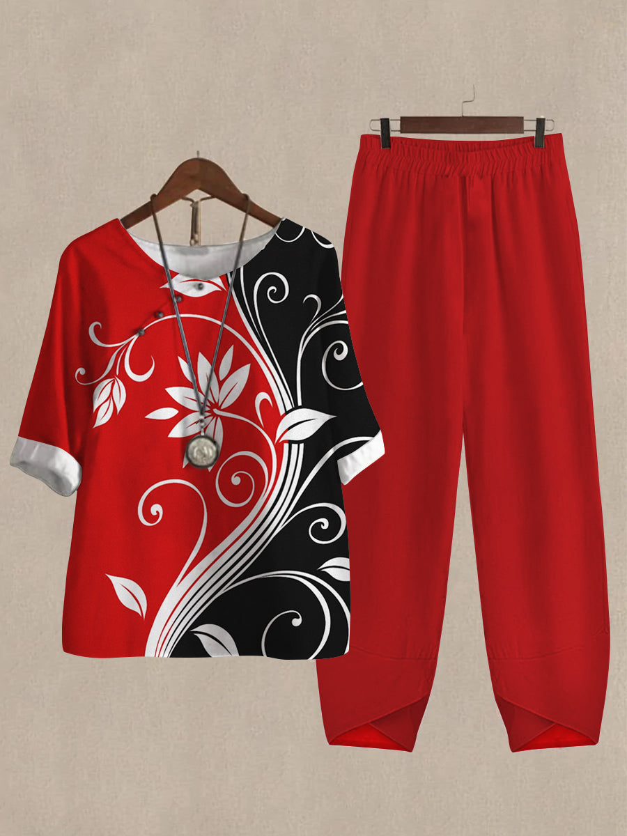 Women's Floral Print Color Block Half Sleeve Top And Casual Pants Linen Two Pieces