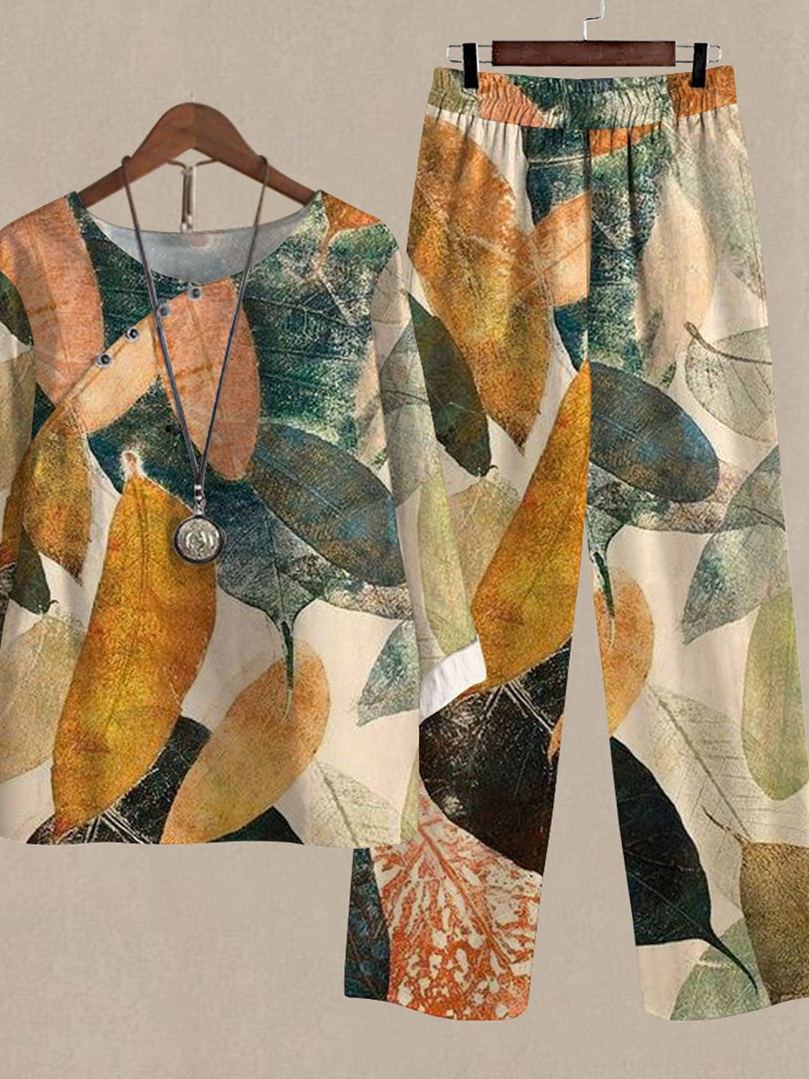 Spring and Autumn Oil Painting Leaf Print Casual Two-piece Suits