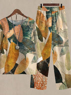 Spring and Autumn Oil Painting Leaf Print Casual Two-piece Suits