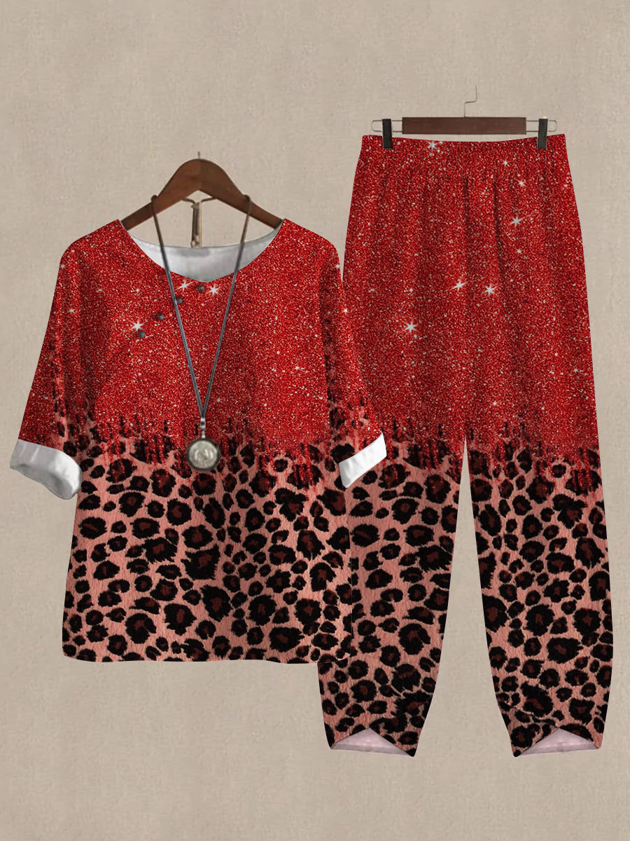 Linen Casual Women's Leopard Print Two Pieces Set